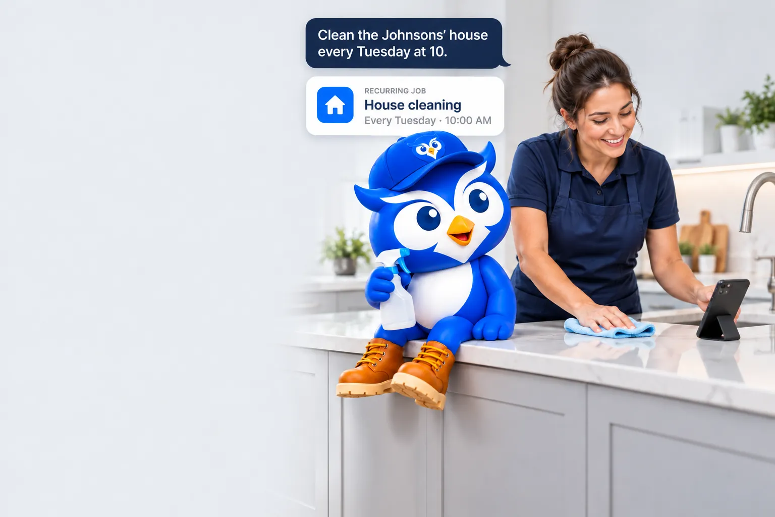 House cleaner wiping a kitchen counter next to the BLUGGI owl holding a spray bottle