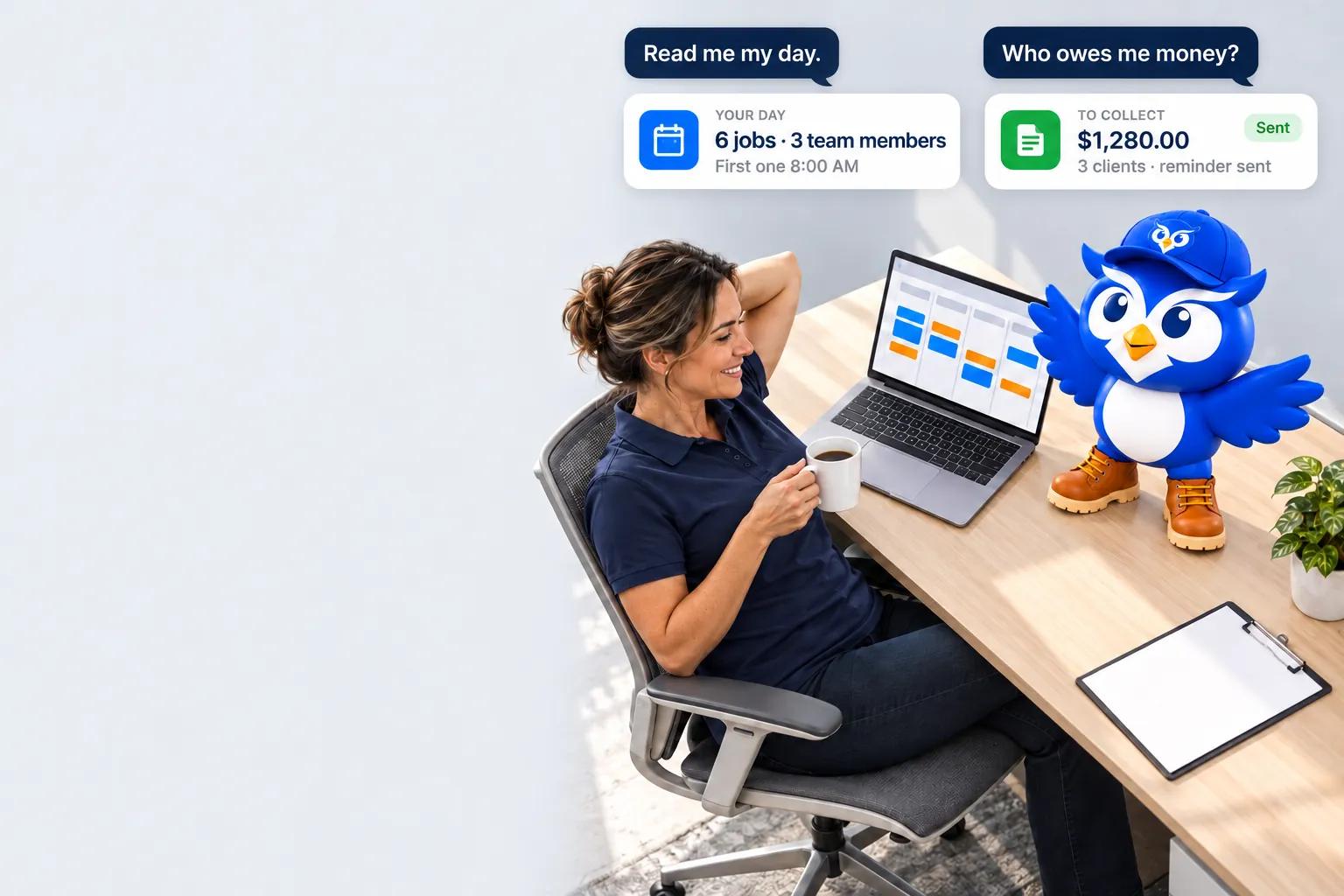 Office manager relaxing at her desk with a coffee while the BLUGGI owl cheers next to the laptop