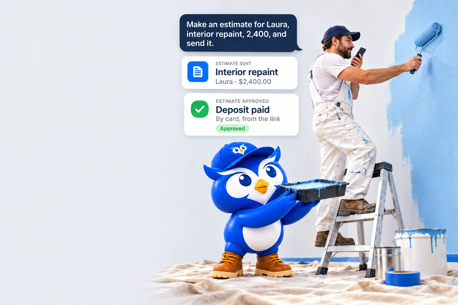 Painter on a ladder talking to his phone while the BLUGGI owl hands him the paint tray