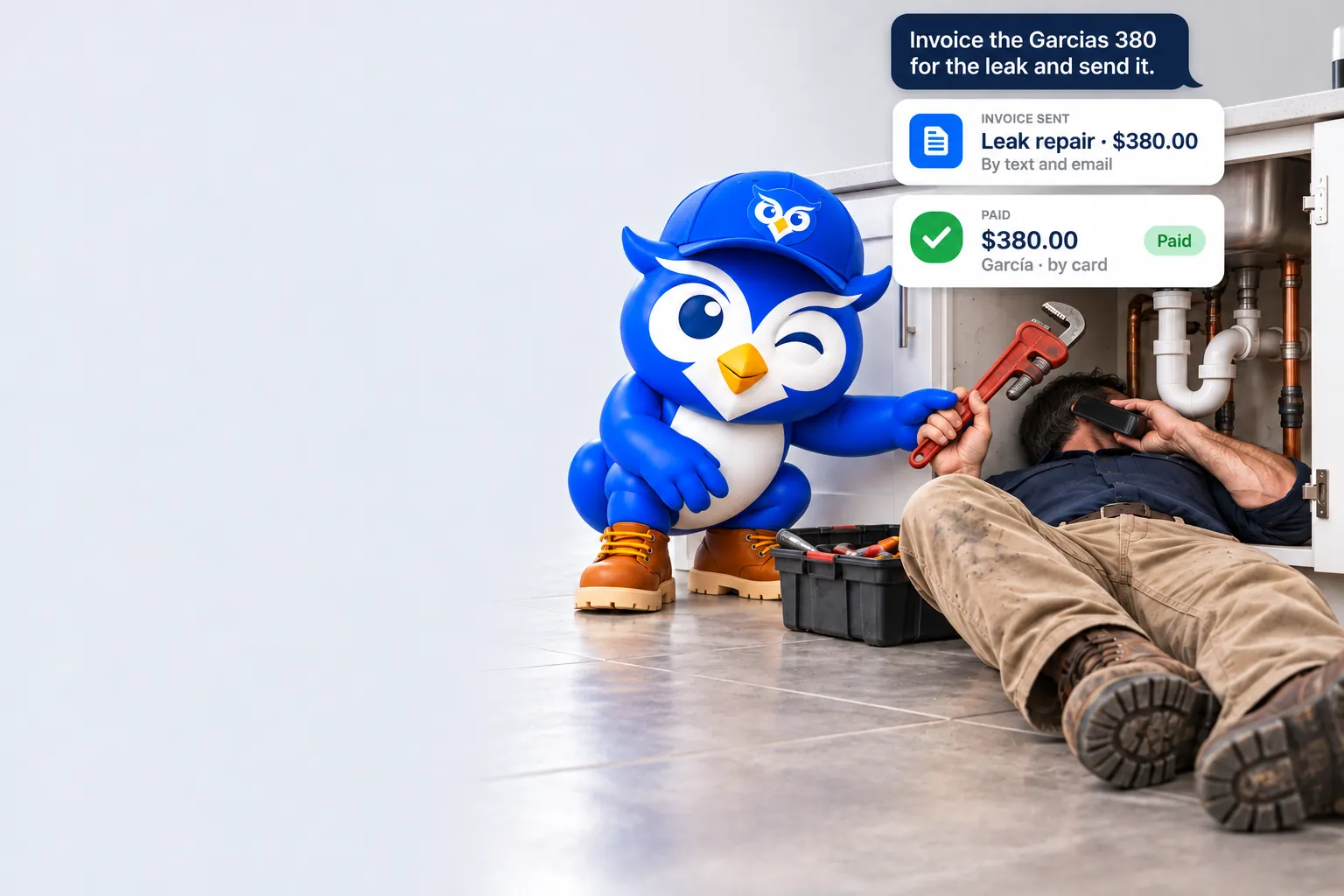 Plumber under a sink talking to his phone while the BLUGGI owl hands him a wrench